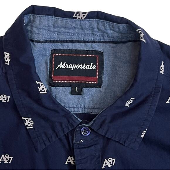 Aeropostale A87 Men’s Short Sleeve Button Up Shirt Large Navy Blue All Over Logo - Picture 2 of 11